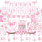 Decoraciones de cumpleaños con lazo rosa – Vajilla de fiesta con lazo, platos, vasos, servilletas, mantel de fiesta de feliz cumpleaños, globos para decoración de cumpleaños de coqueta