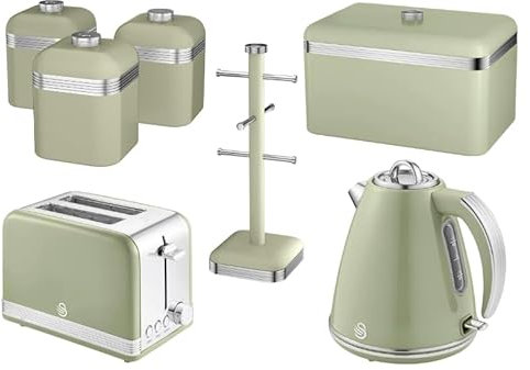 Swan Retro Green 1.5L 3KW Jug Kettle, 2 Slice Toaster, Bread Bin, Set of 3 Tea, Coffee, Sugar Canisters & Mug Tree. Retro Design Matching Kitchen Set of 7 in Green