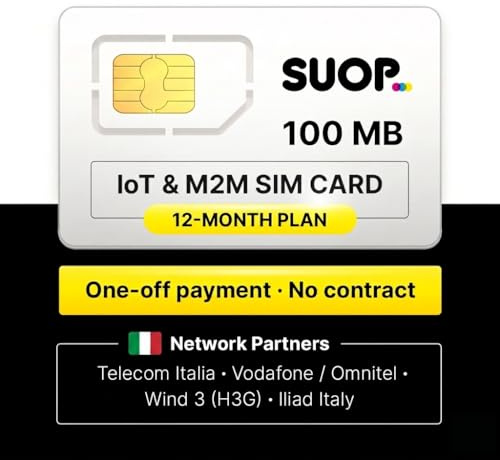 SUOP IoT & M2M SIM-kort | 100 MB/mån i 12 månader | Årlig engångsbetalning utan månadsavgifter | Europeisk 4G multioperatörstäckning | För larm, GPS och smarta enheter