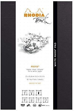 Rhodia 116105C - Notizblock White Maya Pad, kopfseitig geheftet, A4+ (21x31,8 cm), 50 Blatt mikroperforiert, Cross’n’Dot, Clairefontaine Papier Maya weiß 120g, Schwarz, 1 Stück