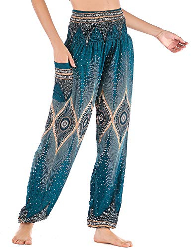 Nuofengkudu Damen Hippie Pumphosen mit Taschen Muster High Waist Haremshose Boho Luftige Bequeme Luftige Sommer Thai Hosen Yogahose Strandhosen Festlich(Grün Auge,Einheitsgröße)