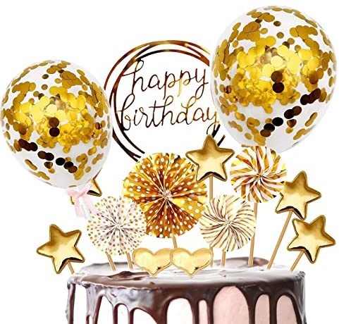BOYATONG Decoration Gateau Anniversaire,17 pièces Joyeux Anniversaire Cake Topper, Deco Gateau Fans Papier Étoiles Paillette Ballon, pour Homme Décorer Gâteau d'anniversaire Fête
