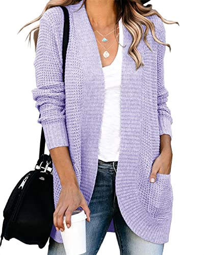 Saodimallsu Damen Lose Open Front Strickjacke Langarm Lässige Leichte Weiche Strickpullover Mantel mit Taschen (Mittel, Lila)
