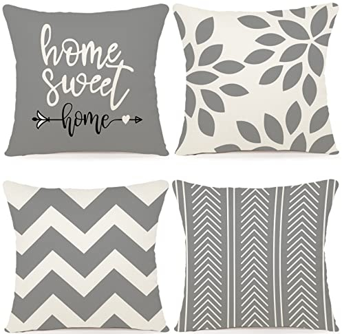 ZWJD Kissenbezug 55x55 4er Set Dekokissen Kissenbezüge Dekoration Outdoor Kissenbezüge Leinen Dekokissen für Schlafzimmer, Sofa, Stuhl, Bett, Garten (55 x 55 cm,Grau)