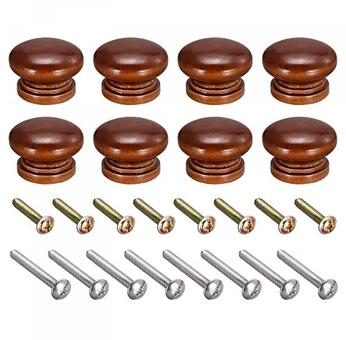 sourcing map Round Wood Knobs for Drawer,33x23mm Red Brown 8pcs | Pull Handle with Screw