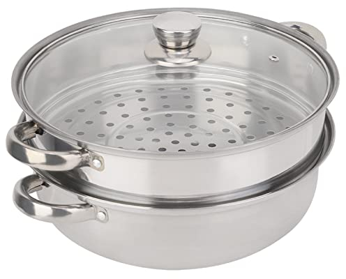 Olla de Vapor de Acero Inoxidable, Olla de Cocción de 2 Niveles de 27 Cm/11 Pulgadas, Cacerola de Doble Asa, Olla de Vapor para Sopa de Doble Caldera con Tapa de Vidrio Ventilada