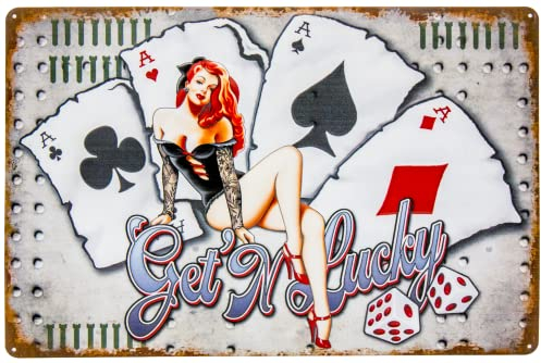 Get Lucky - Poker, Black Jack, Craps, Seven Eleven- Casino Retro Blechschild - Pin Up Girl Deko Schild, 40 x 27 cm