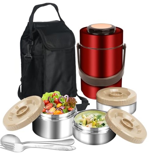 SSAWcasa Thermoskanne für heiße Speisen, 3-lagig, stapelbar, 1,9 l, isolierte Lunchbox, große Suppen-Thermosdose mit Lunchtasche, Löffel, Gabel, Edelstahl, Reise-Bento-Behälter für Erwachsene, Büro,