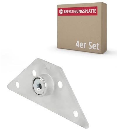 Gedotec Montageplatte für Möbelfüße aus Metall | KEA | 4 Stück - Montageplatten zum Schrauben | Tischbein-Verbinder Stahl verzinkt | Platte dreieckig mit M8 Gewinde | Integrierter Federmechanismus