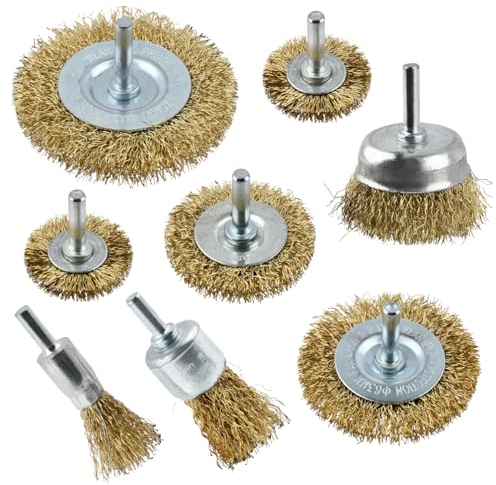 BATINO 8Pcs Wire Brushes for Drills Set, Brass Coated Wire Brush Wheel Cup Brush Set with 1/4-Inch Shank Brush Kit for Rust Removal, Stripping, and Abrasive - Wire Brush Drill Attachment