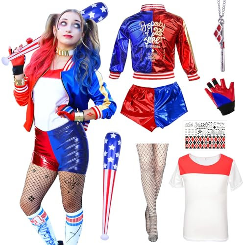BIQIQI Quinn Kostüme Erwachsene, Quinn Cosplay Kostüme mit T-Shirt Jacke Shorts Baseballschläger Netzstrümpfe und Tatto Quinn kostüm Damen für Halloween Weihnachten Karneval Joker Fasching Cosplay M
