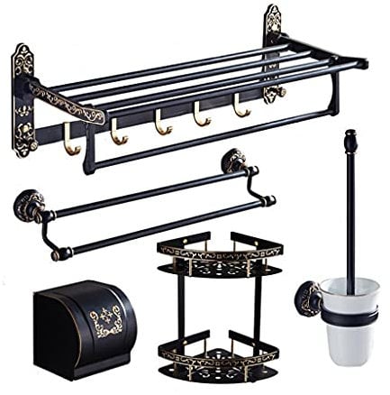 VejiA Black and Gold Carved Bathroom Accessories Set Aluminum Bath Hardware Sets Towel Rack,Paper Holder Toilet Brush Holder Towel Bar