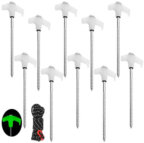 10 Stück 80x200mm Schraubheringe mit Haken mit Nachleuchteffekt, Zeltheringe Heringe Camping Sturmsicher, Bodenheringe, Zeltnägel Kohlenstoffstahl Heringe, Lange Robuste Zelt Erdnägel für Ca