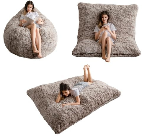 MAXYOYO Pouf poire géant – Grand canapé avec longue housse en fausse fourrure et rembourrage moelleux inclus pour adulte, couples, invités (marron, lit double)