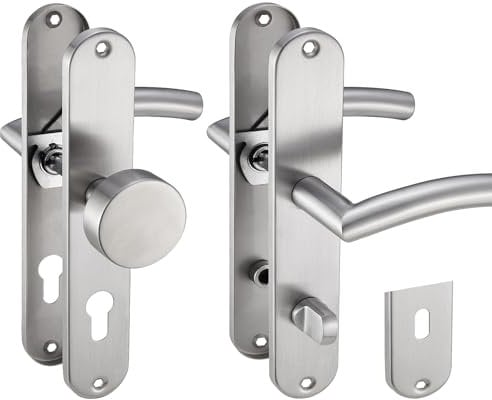 Stahlia Drückergarnitur Langschild Renovierungsgarnitur Edelstahl gebürstet ELLA | PZ - Profizylinder mit Knauf | Türbeschlag Zimmertüren, Eingangstüren für Türstärke 20–47mm| Befestigungsmaterial