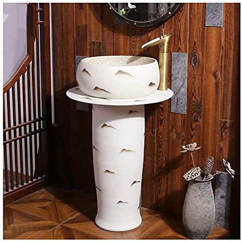 SnamicE athroom - Lavabo con piedistallo, realizzato a mano, con foro di installazione di scarico, per interni ed esterni, bianco, con specchio