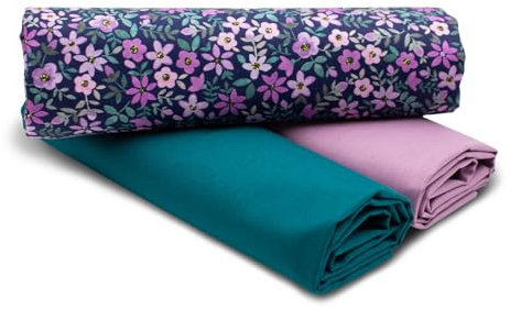 VmG-Store 1,5m Baumwollstoff Set Designstoff + 2x Uni farblich abgestimmt 100% Baumwolle Material Auswahl (Feine Blüten Navy - Lila Set48)
