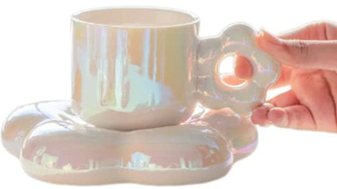 JZLEJC Ceramic Coffee Mug Tea Cup and Saucer Set Cute Mug with Flower Shaped Coaster 300ML Latte Cups Gifts for Girls Office Home White