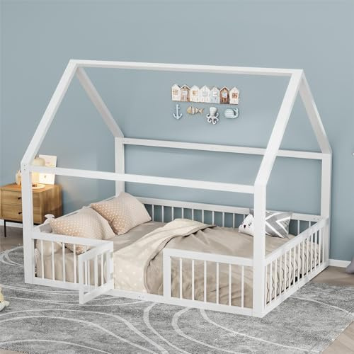 Sapgaks Kinderbett 140 x 200, Metall, Weiß, Hüttenbett mit Barriere, für Mädchen und Jungen, 200 kg Tragkraft
