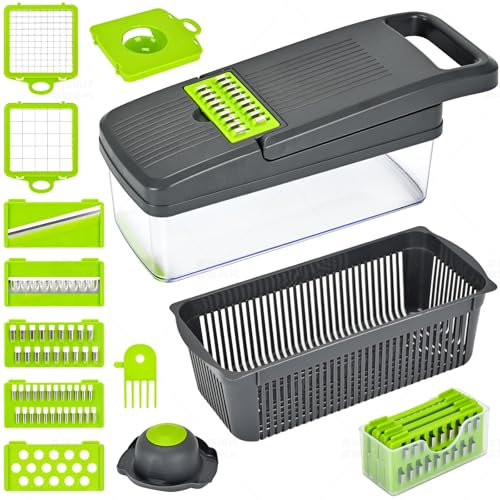 FREMON Mandoline, Coupe Legumes Multifonctions - Tranche et Julienne, Rapeuse Legume et Fromage, Idéal Accessoire Cuisine pour Couper Oignon, Carotte, Pommes de Terre,Tomate, Fruits(12-en-1)