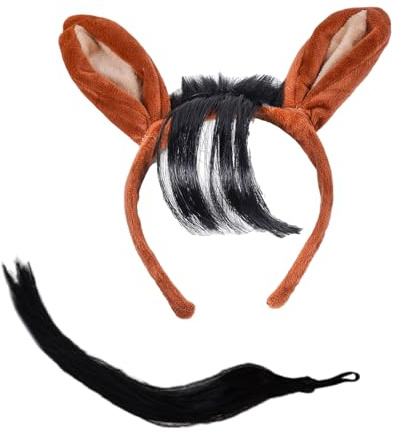 Pjeghbvop Pferde-Kostüm-Zubehör, Ohr-Stirnband mit Schwanz, Cosplay-Outfit für Kinder, Erwachsene, Weihnachten, Halloween, Rollenspiele, weicher Stoff, Tier-Stirnband