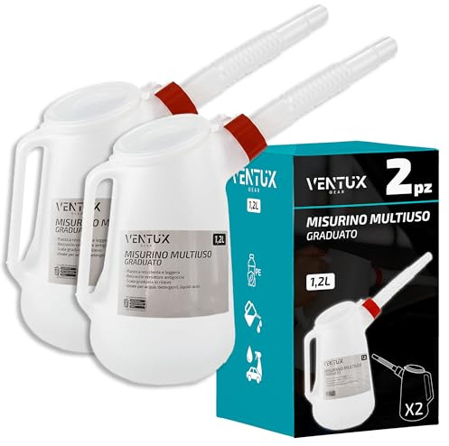 Misurino Travasatore Graduato 1,2 L con Beccuccio Flessibile Antigoccia | Contenitore per Olio, Carburanti, Liquidi Auto e Detergenti | Scala in Rilievo e Plastica Resistente (2 misurini multiuso)