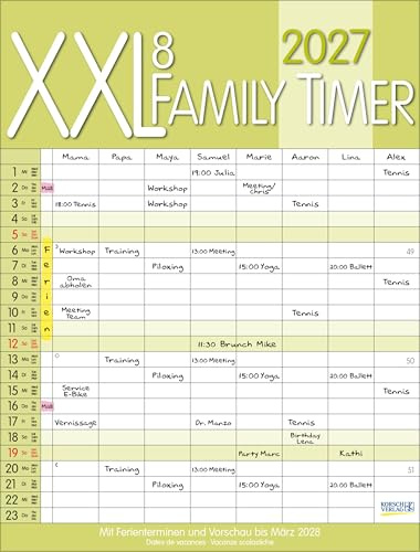 XXL Family Timer 8 2027: Familienplaner mit 8 breiten Spalten. Hochwertiger Familienkalender mit Ferienterminen, extra Spalte, Vorschau bis März 2027 und nützlichen Zusatzinformationen.