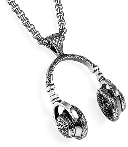 Oidea Stainless Steel Mens Punk Rock Headphone Pendant Biker Necklace,24 Inch Chain,Silver