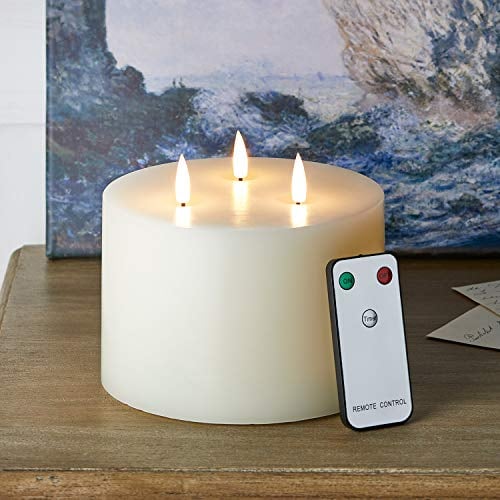Lights4fun 3 Wick TruGlow® Large Battery LED Flameless Pillar Candle Real Ivory Wax with Remote Control 10cm