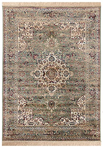 Carpeto Rugs Teppich mit Fransen Orientalisch in Grün - Wohnzimmer Schlafzimmer - Klassisch Orient Muster dicht gewebt - Kurzflor Weiche Viskose - Faser 80 x 220 cm