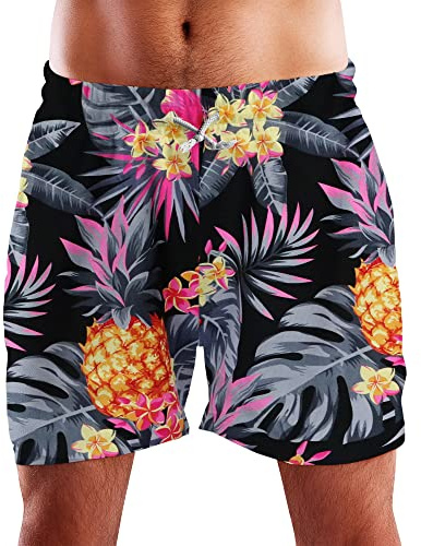 King Kameha Funky Hawaii Bade-Shorts Bade-Hose Mesh-Einsatz Herren Verschluss Kordelzug Casual Leuchtende Farben Ananas Palmen Design