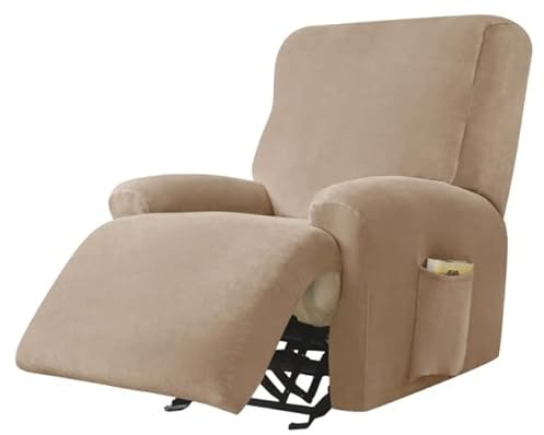 AQIGR Relaxsessel Bezug Stretch Samt Stretchhusse für Relaxsessel Sesselbezug 4-teiliges Set Elastischer Antirutsch Husse für Fernsehsessel Liege Sessel (Color : Khaki)