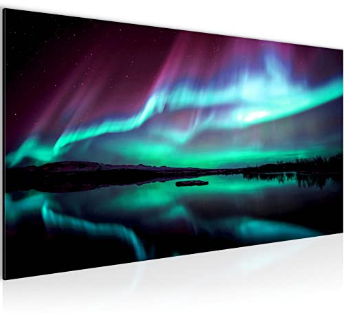 Runa Art Wandbild Nordlichter Nachthimmel 1 Teilig 100 x 40 cm Modern Bild auf Vlies Leinwand Polarlicht Island Wohnzimmer Schlafzimmer Blau Türkis 041912a