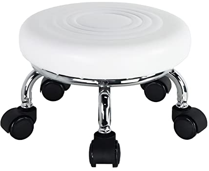 WKWKER Moderner Rollensitz PU Leder Niedriger runder Rollhocker Drehgelenk Kleiner Hocker mit Universal Rollen für Home Office Garage Shop Fitness Sport, H: 21.3cm (Weiß)