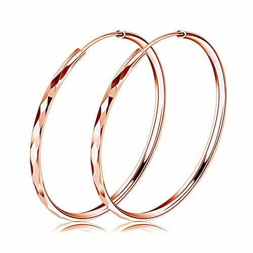 Josfeva Silver Hoop Earrings for Women, 925 Sterling Silver Twist Hoops Earrings, 50mm Hypoallergenic Large Round Circle Huggie Big Hinged Hoop Earrings With Rose Gold Plated, Gift for Women Girls