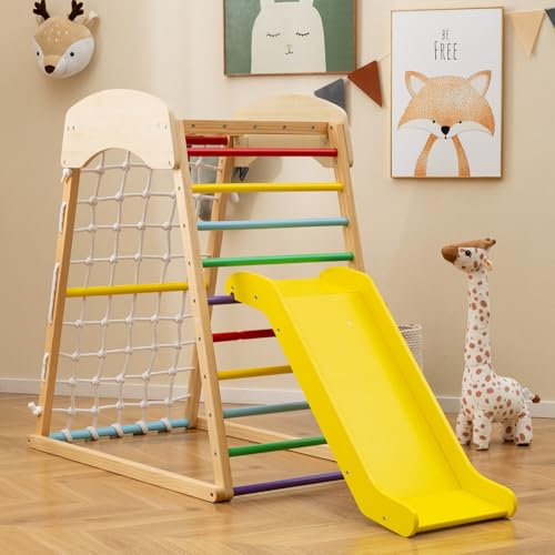 RELAX4LIFE Set di Arrampicata Multifunzione, Parco Giochi in legno Massello con Scivolo, Centro Attività da Interno ed Esterno, per Bambini 1 a 5 Anni (67x105x113 cm, Colorato)