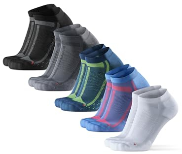 DANISH ENDURANCE Kurze Laufsocken, 3 & 5 Paar Sommer Sportsocken, Schweißableitend, Unisex, für Damen & Herren, Mehrfarbig (1xSchwarz/Grau, 1xBlau/Gelb, 1xGrau/Schwarz, 1xWeiß, 1xBlau), 43-47