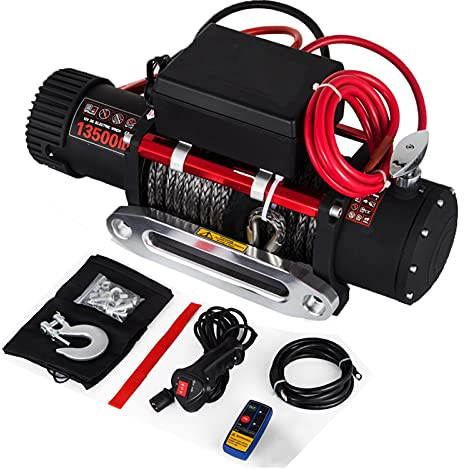 USKI 13500LBS 12V Elektrische Winde + 27m Synthetisches Seil, drahtlose Steuerung, for ATV-SUV Boat Truck Trailer Recovery Off Road Winch