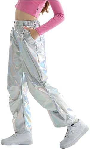 LOLANTA Niñas Pantalones de Cuero Metálico Brillante Traje de Baile Hip Hop Retro Pantalones Cargo con Cintura Elástica, Plata Láser, 8-9 años, 140