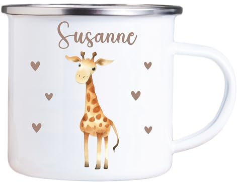 4youDesign Emaille Tasse Kinder personalisiert – Herz Giraffe – Tier Namenstasse – Geschenk für Jungen & Mädchen – Bruchsicher & Leicht – Geschenkidee zur Einschulung & Geburtstag - 300ml