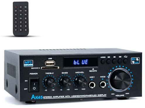Stereo Receiver & Amplifier Home Audio Amp, AK45 Bluetooth Receiver for Home Stereo, 300Wx2, Bluetooth 5.0, 2 Channel, w/FM & Karaoke, w/USB/SD/RCA/MIC/FM in, w/Remote, for Garage Party Market