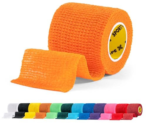 SPORTTAPE Football Sock Tape, 5cm x 4.5m, Orange - Self-Adhesive Cohesive Bandage, Compression Wrap & Sports Stretch Tape for Ankles, Joints, Socks, Vet & Pet Wrap for Dogs, Horses - Single Roll
