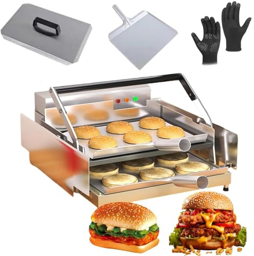 Máquina De Hamburguesas De Acero Inoxidable De Doble Capa De 800w, Tostadora De Hamburguesas A La Parrilla Automática, con Un Temporizador De 0-3 Minutos Y Temperatura Ajustable De 50-300 ° C,