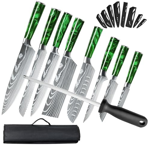 Aleevii 8-teiliges Premium Küchenmesser Set - Professionelle Kochmesser Set aus Rostfreiem Edelstahl mit Wetzstab & 8 Messerscheiden - Scharf Profi Messerset mit Tasche (Grüner Griff)