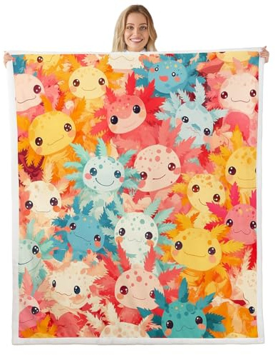 Homemissing Kinder Nette Axolotl Decke 150x200cm Bunte Karikatur Salamander Kuscheldecke für Jungen Mädchen Kawaii Axolotl Wohndecke Ozean Flanell Fleecedecke