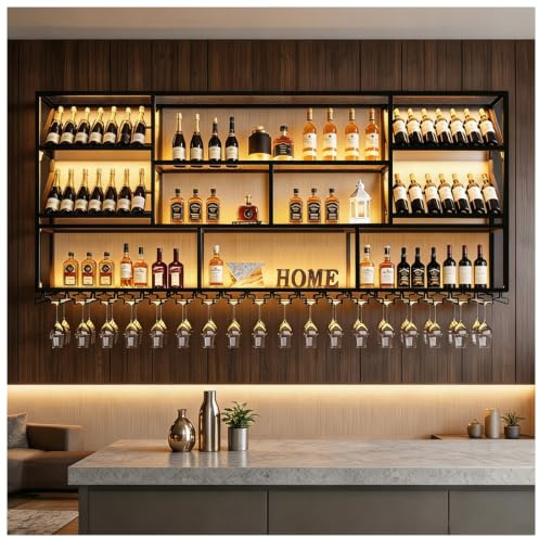 TAUODUYY 200cm Modernes Wand-Weinregal, Schwebende Barregale mit Glashalter, 3 Ebenen Wandmontage Wine Display-Ständer, Bar Regale Wand für die Hausbar/Bar/Küche/Esszimmer (Schwarz, 200cm)
