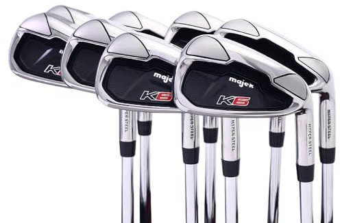 Majek K6 Iron Set +1 inch Over Big & Tall Men's 8-Piece Set (4-PW, SW) Right Handed Steel Shaft Regular Flex R Flex Club (Tall 6'0+ / +1 Over) with Midsize Black Pro Velvet Grips