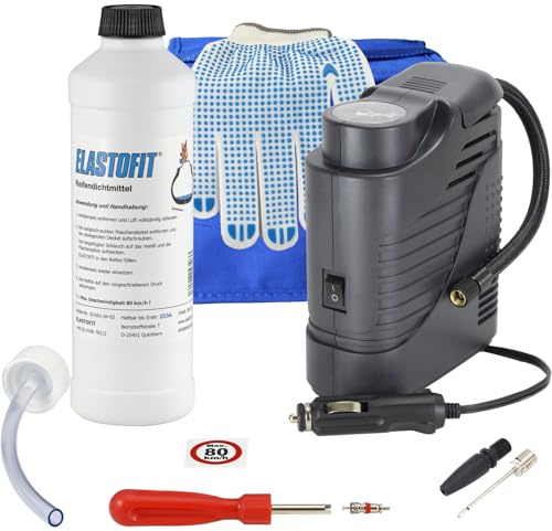 ELASTOFIT Compact Blue Reifen Pannenset | Auto Kompressor, Reifendichtmittel 10 Jahre haltbar