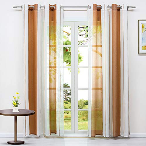 HeichkelL 2er Set Vorhänge mit Ösen Halbtransparente gestreifte Gardinen in Leinen-Optik Modern Ösenschals für Wohnzimmer Schlafzimmer Weiß-Braun je Stück BxH 140x225cm