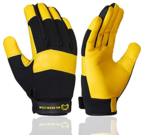 WESTWOOD FOX Garten-Arbeitshandschuhe, dornensicher, flexibel, strapazierfähig, Leder, für Mechaniker, Geschicklichkeit, atmungsaktiv, Konstruktionshandschuhe für Arbeit, Herren, Damen (Gelb, XL)